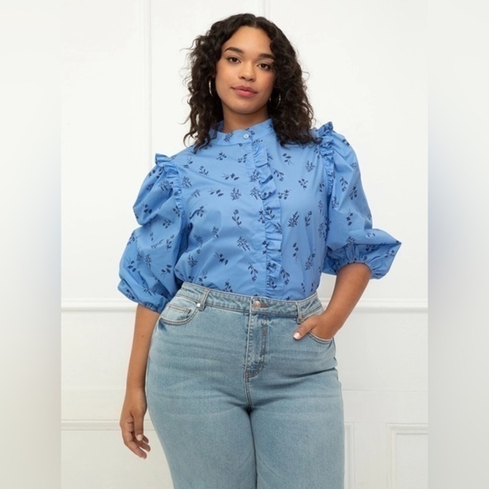 Eloquii Elements Blue Puff Sleeve Ruffle Blouse Size 16